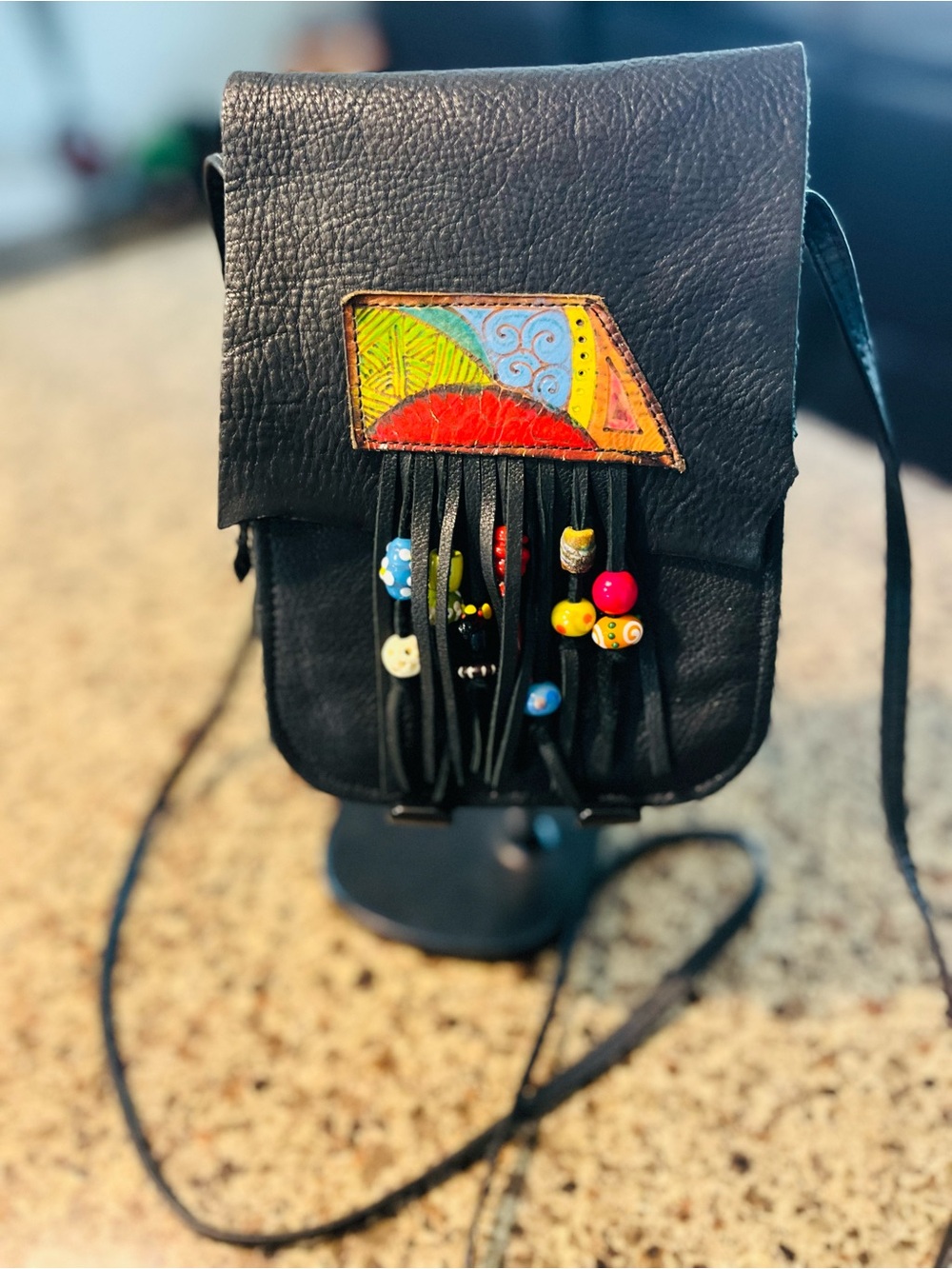 Black Leather Fringe Crossbody Bag with Colorful Bead Accent